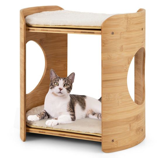 2-Tier Bamboo Cat Tree with Plush Mats for Indoor Cats