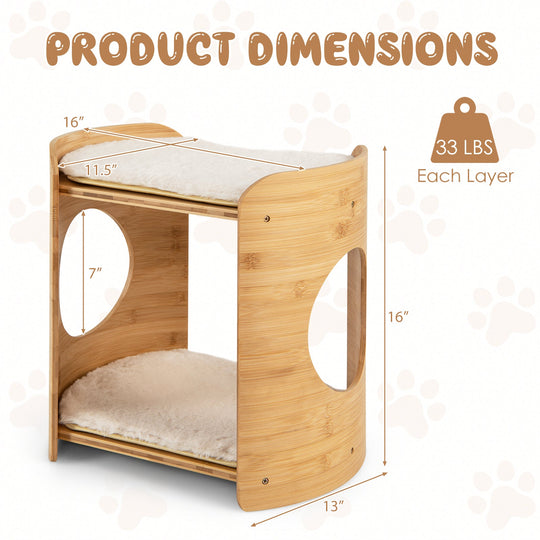 2-Tier Bamboo Cat Tree with Plush Mats for Indoor Cats