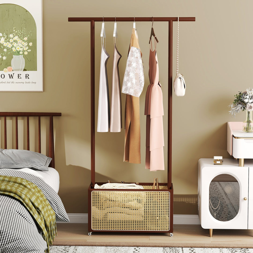Bamboo Clothes Rack with Rattan Storage Basket and Wheels