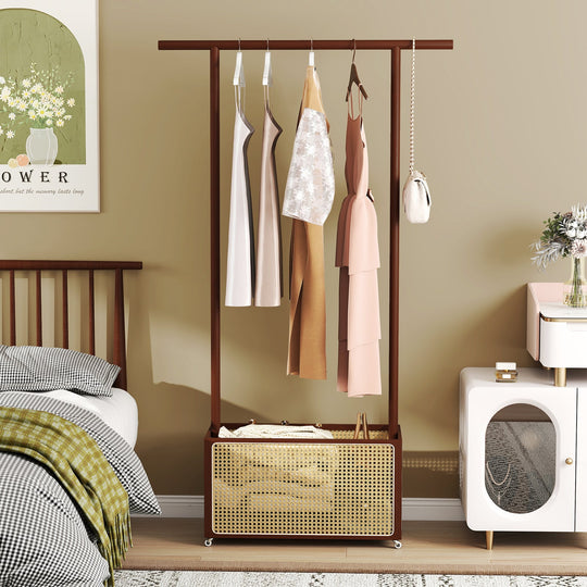 Bamboo Clothes Rack with Rattan Storage Basket and Wheels