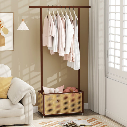 Bamboo Clothes Rack with Rattan Storage Basket and Wheels