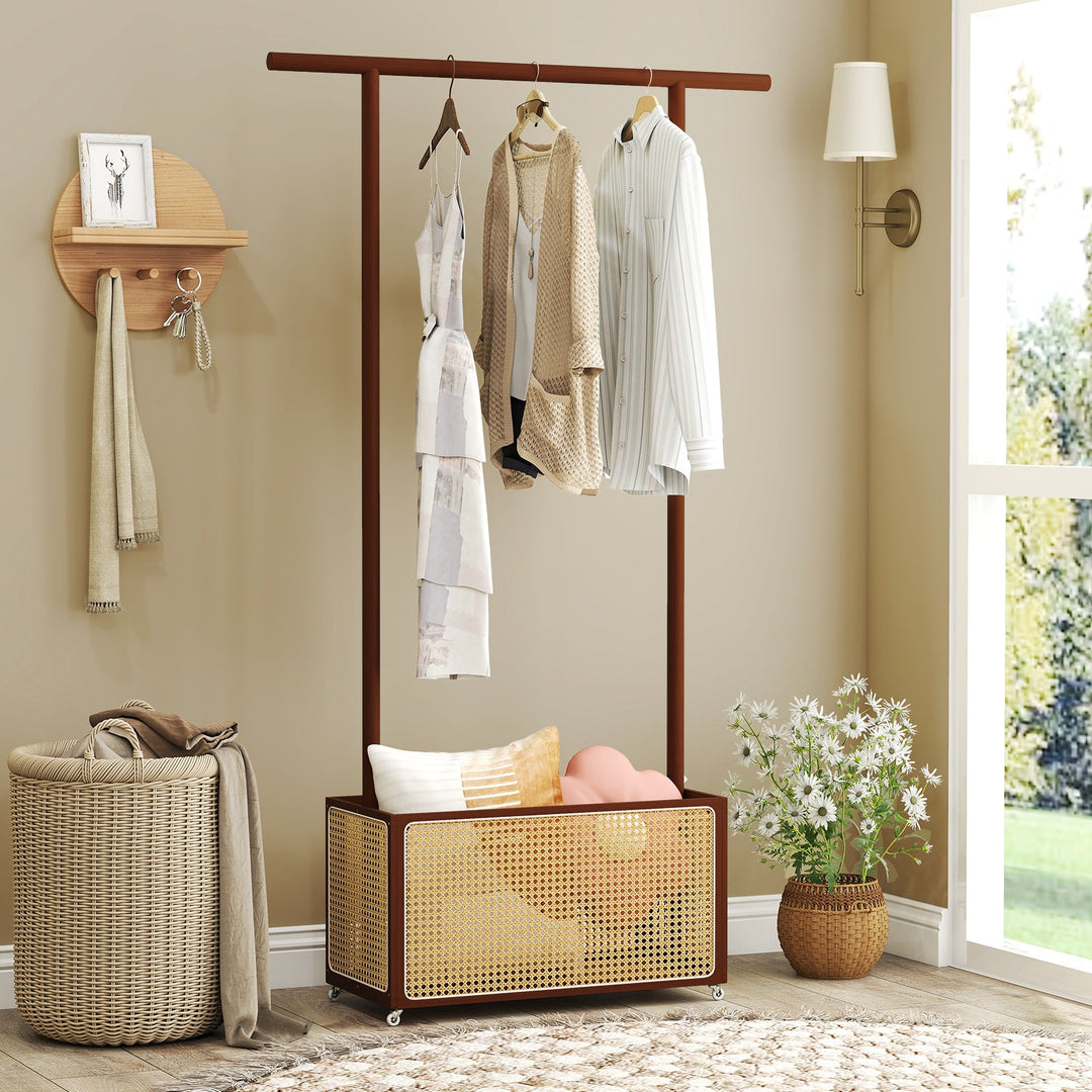 Bamboo Clothes Rack with Rattan Storage Basket and Wheels