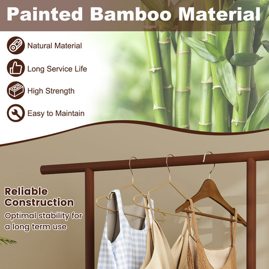 Bamboo Clothes Rack with Rattan Storage Basket and Wheels