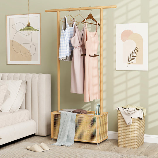 Bamboo Clothes Rack with Rattan Storage Basket and Wheels