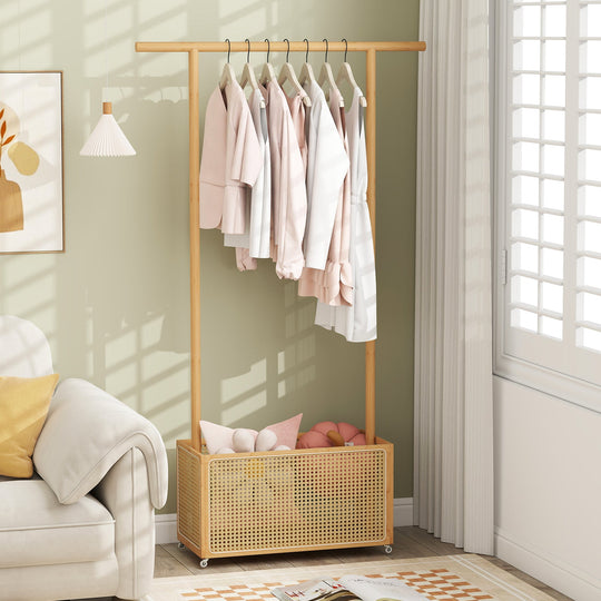 Bamboo Clothes Rack with Rattan Storage Basket and Wheels