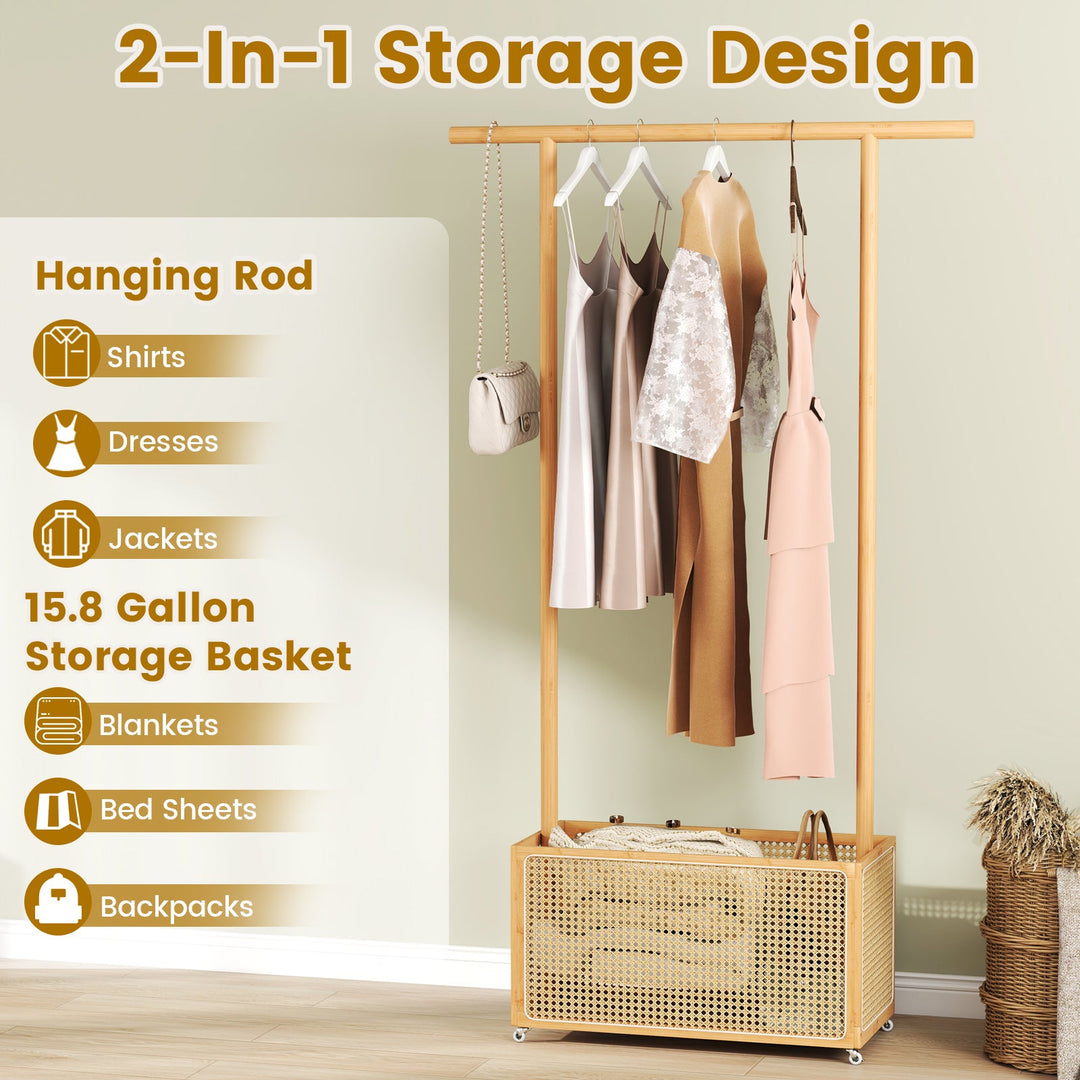 Bamboo Clothes Rack with Rattan Storage Basket and Wheels