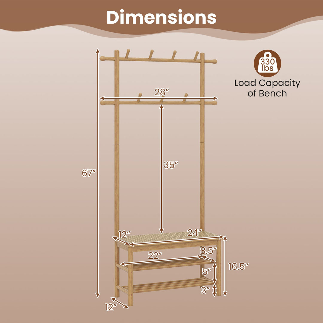 Bamboo Coat Rack PE Rattan Hall Tree with Bench and Shoe Storage 3-In-1 Entryway Bench