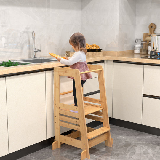 Bamboo Kids Kitchen Step Stool with Adjustable Height and Safety Rails-Natural
