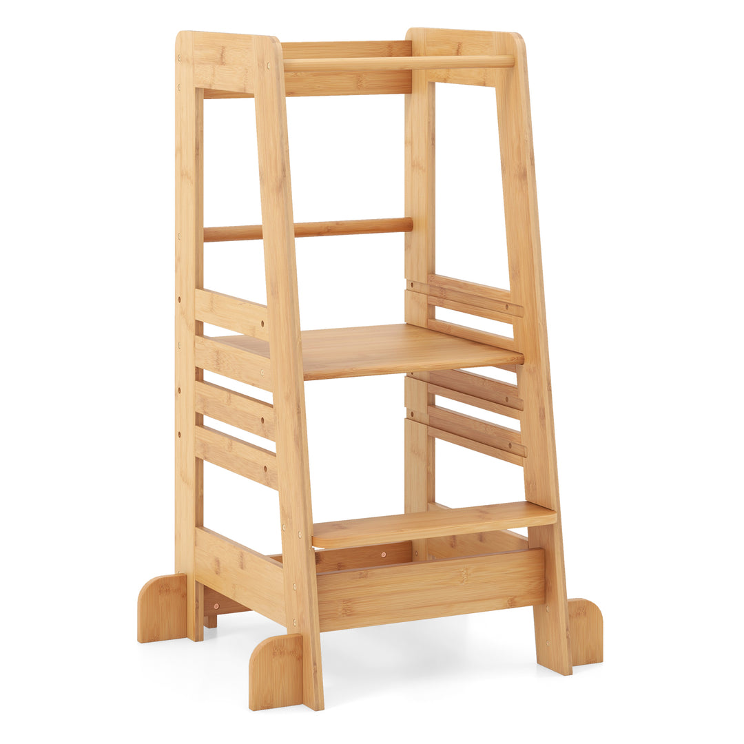 Bamboo Kids Kitchen Step Stool with Adjustable Height and Safety Rails-Natural