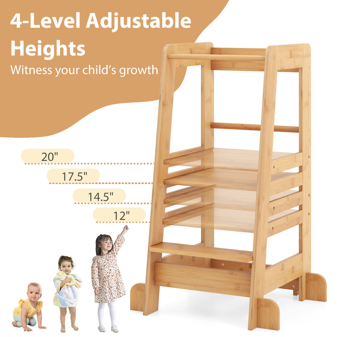 Bamboo Kids Kitchen Step Stool with Adjustable Height and Safety Rails-Natural
