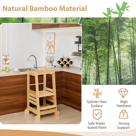 Bamboo Kids Kitchen Step Stool with Adjustable Height and Safety Rails-Natural