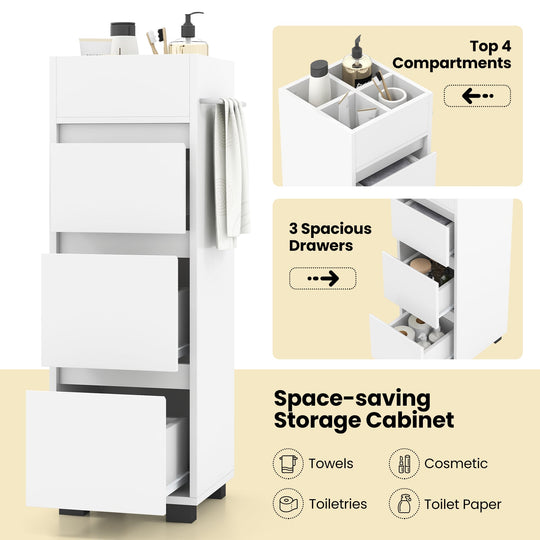 Bathroom Floor Cabinet with 3 Drawers 4 Top Dividers and 1 Towel Rack-White