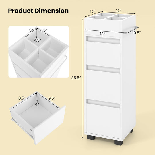 Bathroom Floor Cabinet with 3 Drawers 4 Top Dividers and 1 Towel Rack-White