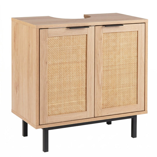 Bathroom Vanity Cabinet with Rattan Doors and U-Shaped Cut-Out