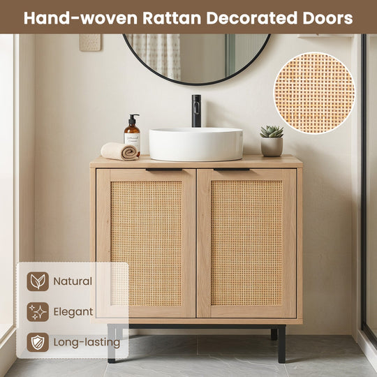 Bathroom Vanity Cabinet with Rattan Doors and U-Shaped Cut-Out