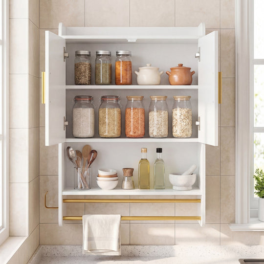 Wall Mounted Bathroom Cabinet with Towel Bars and Adjustable Shelf