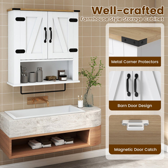 Farmhouse Bathroom Wall Cabinet with Towel Bar - White
