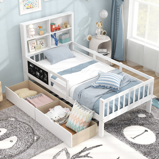Twin/Full Size Bed Frame with 2 Drawers and Bookcase for Boys and Girls-Twin Size