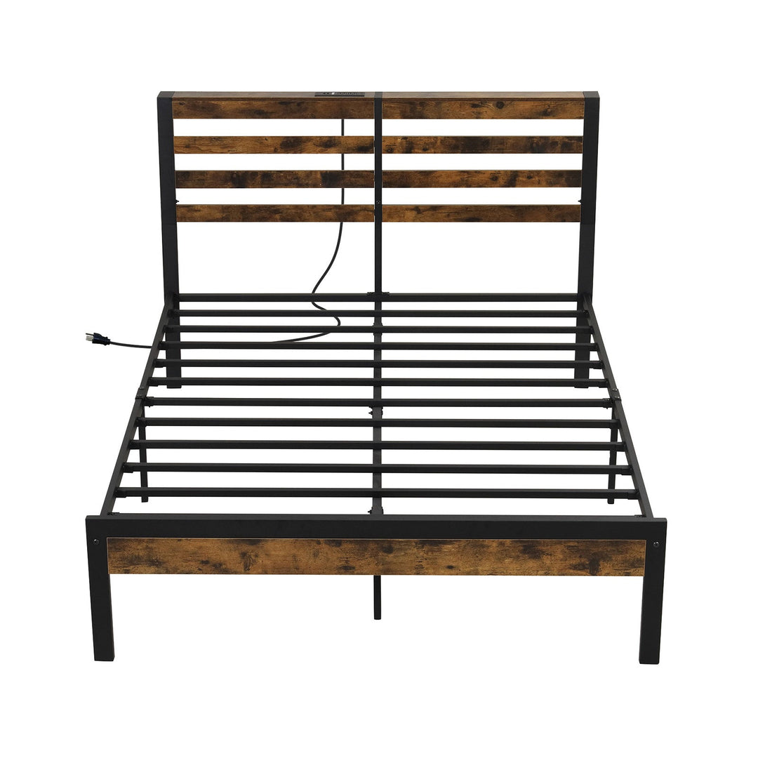 Full/Queen Size Bed Frame with Charging Station and Storage Headboard