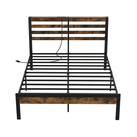 Full/Queen Size Bed Frame with Charging Station and Storage Headboard
