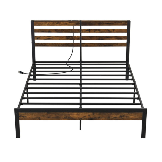 Full/Queen Size Bed Frame with Charging Station and Storage Headboard