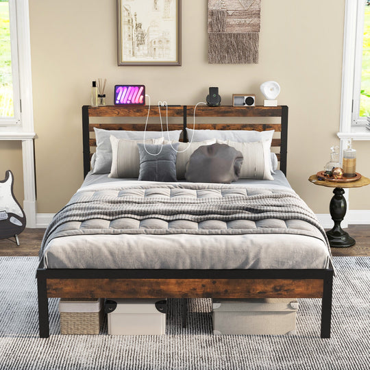 Full/Queen Size Bed Frame with Charging Station and Storage Headboard