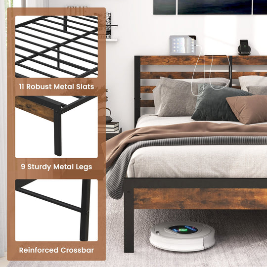 Full/Queen Size Bed Frame with Charging Station and Storage Headboard