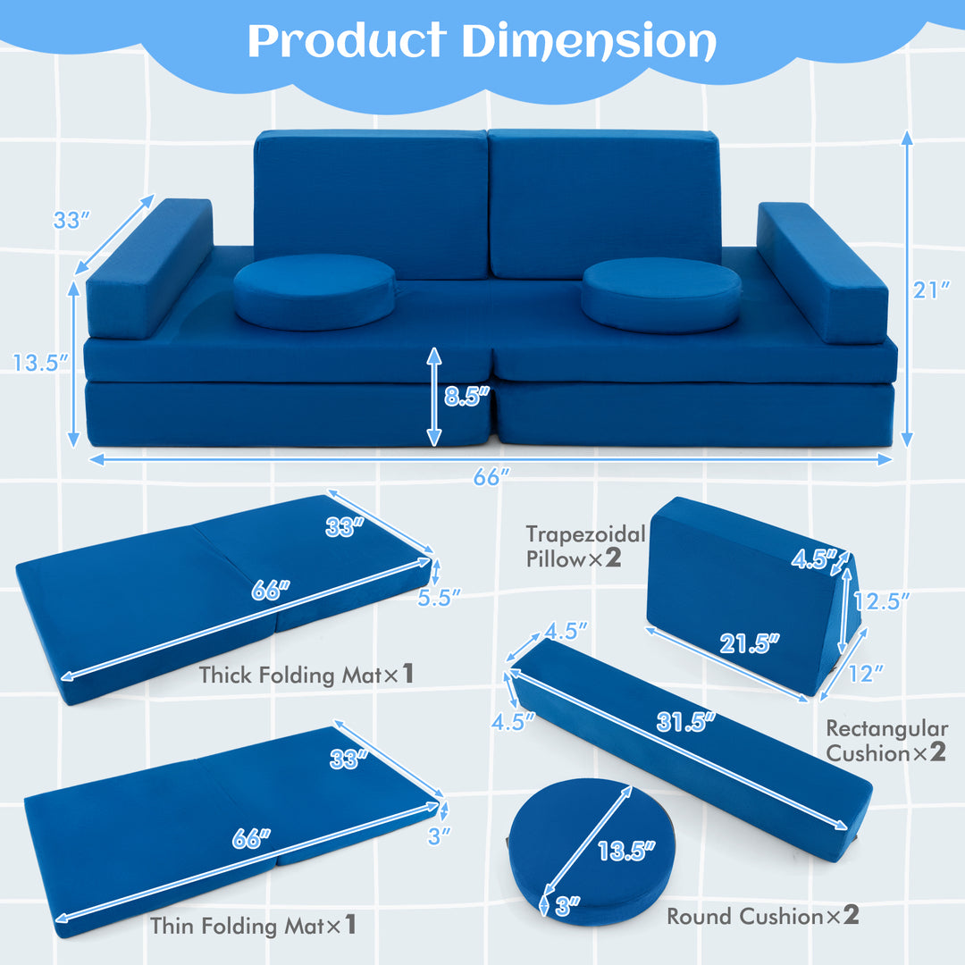 10-Piece Kids Play Couch Sofa with Portable Handle-Blue