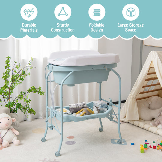 Folding Baby Changing Table with Bathtub and 4 Universal Wheels-Blue