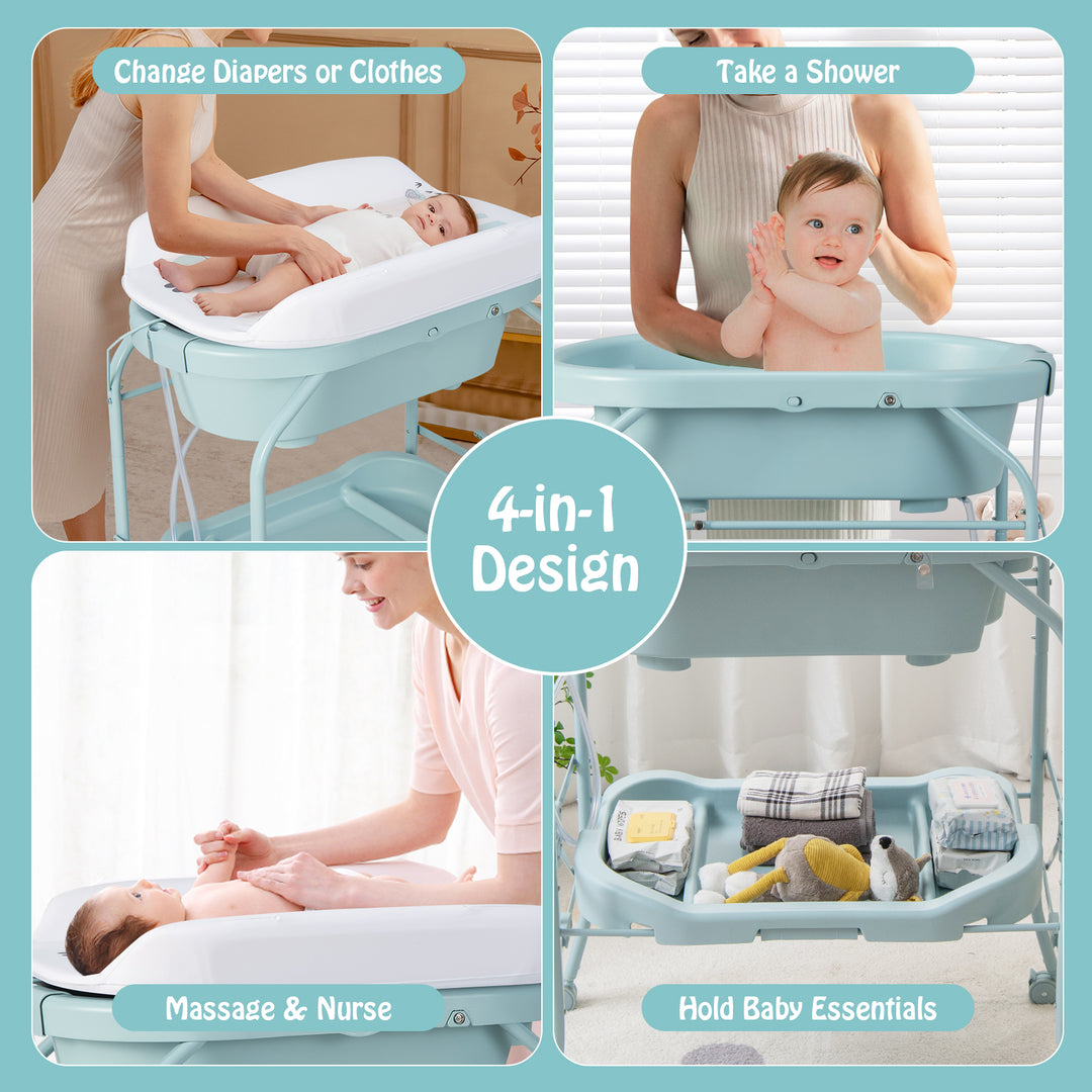 Folding Baby Changing Table with Bathtub and 4 Universal Wheels-Blue