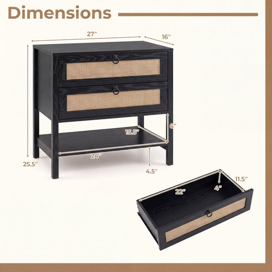 Rattan Nightstand with 2 Drawers and Open Shelf
