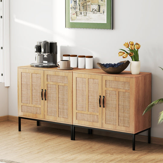 Boho Storage Cabinet with Asymmetrical Pattern Doors for Kitchen-Natural