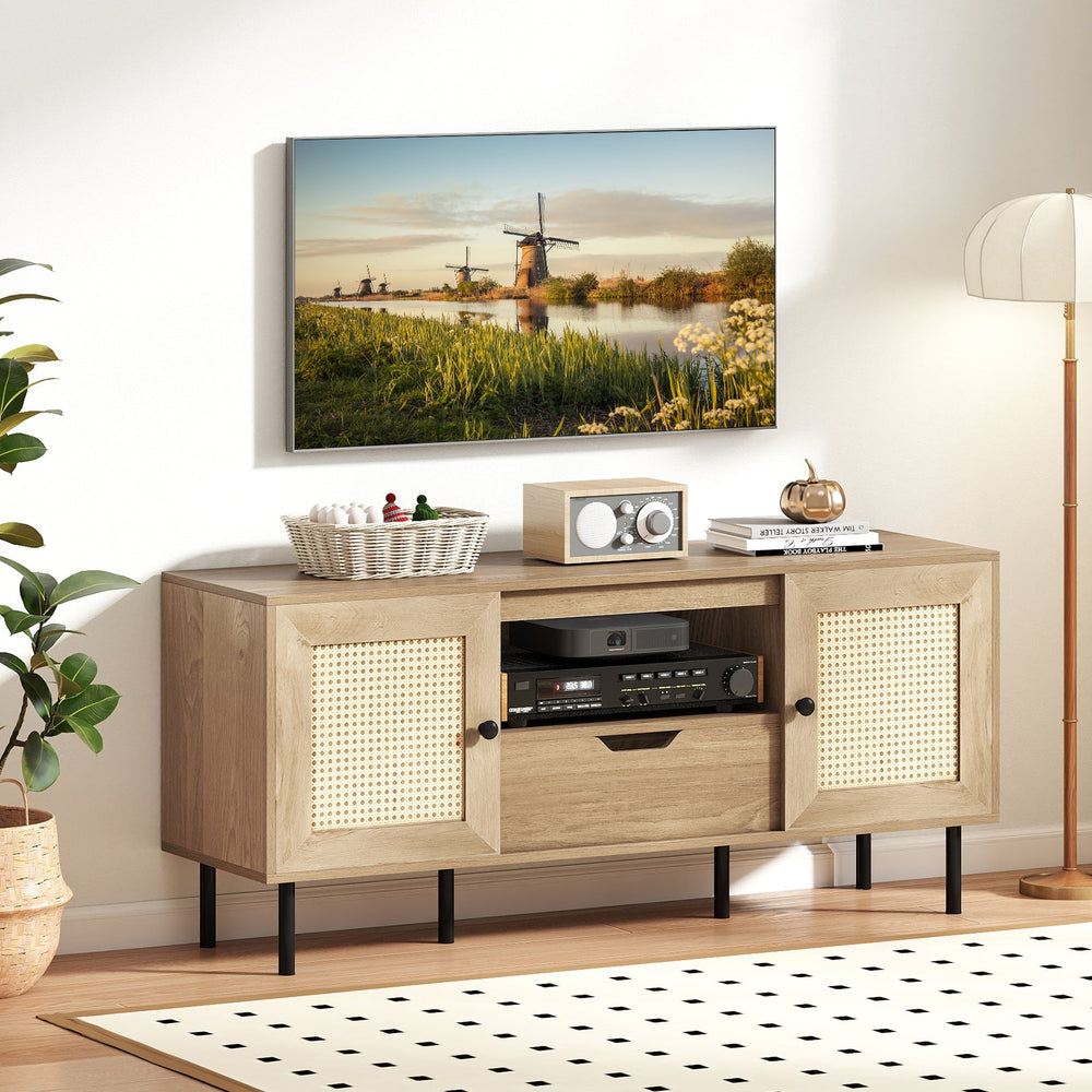 Boho TV Stand for 60 Inch TV Entertainment Center with Cabinets and Storage Shelf-Natural