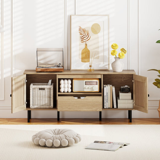 Boho TV Stand for 60 Inch TV Entertainment Center with Cabinets and Storage Shelf-Natural