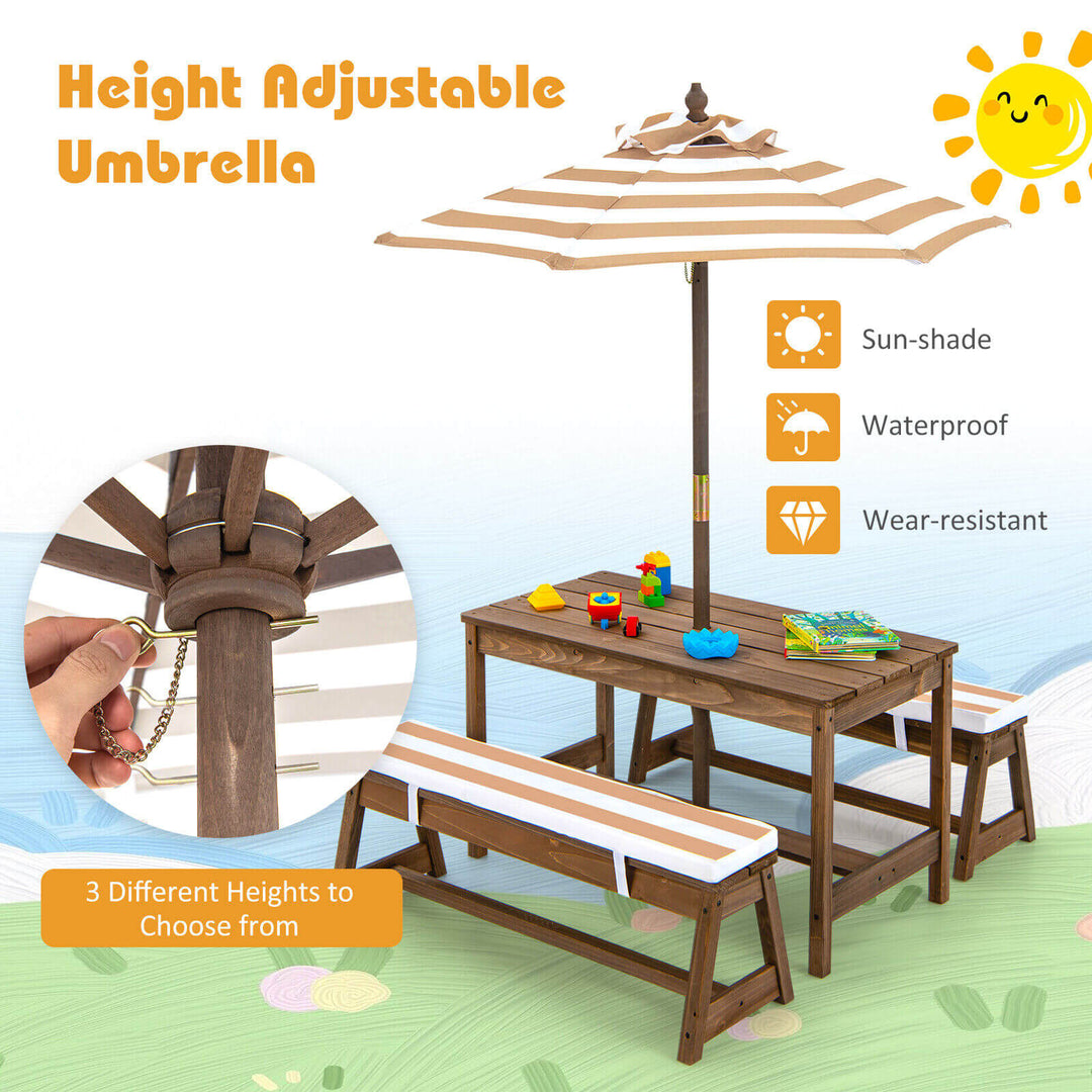 Kids Picnic Table and Bench Set with Cushions and Height Adjustable Umbrella-Brown
