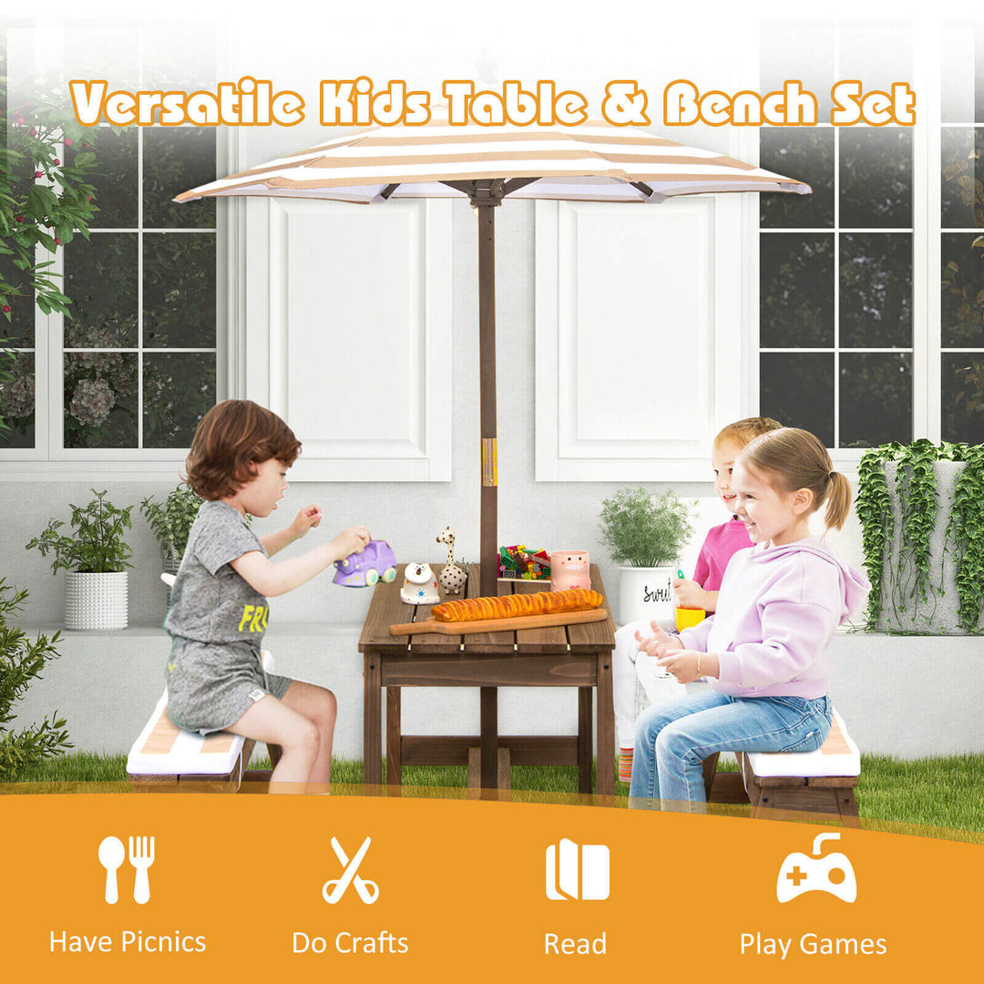 Kids Picnic Table and Bench Set with Cushions and Height Adjustable Umbrella-Brown