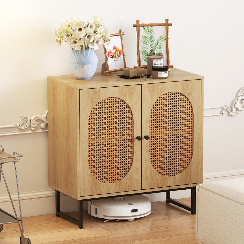 Buffet Cabinet Rattan Storage Cabinet with 2 Doors and Adjustable Shelf