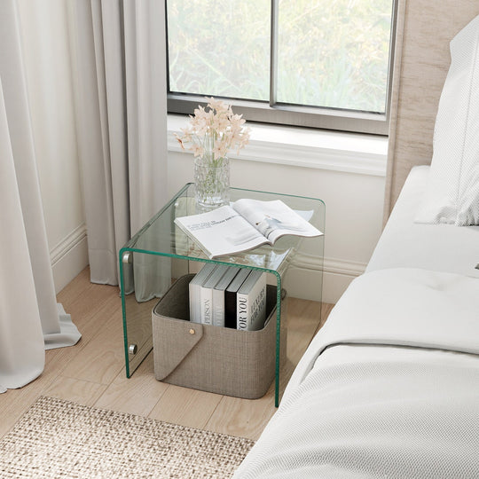 C-Shaped End Table Modern Tempered Glass Side Table with Shelf