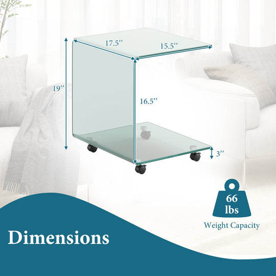 C-Shaped End Table Modern Tempered Glass Side Table with Shelf