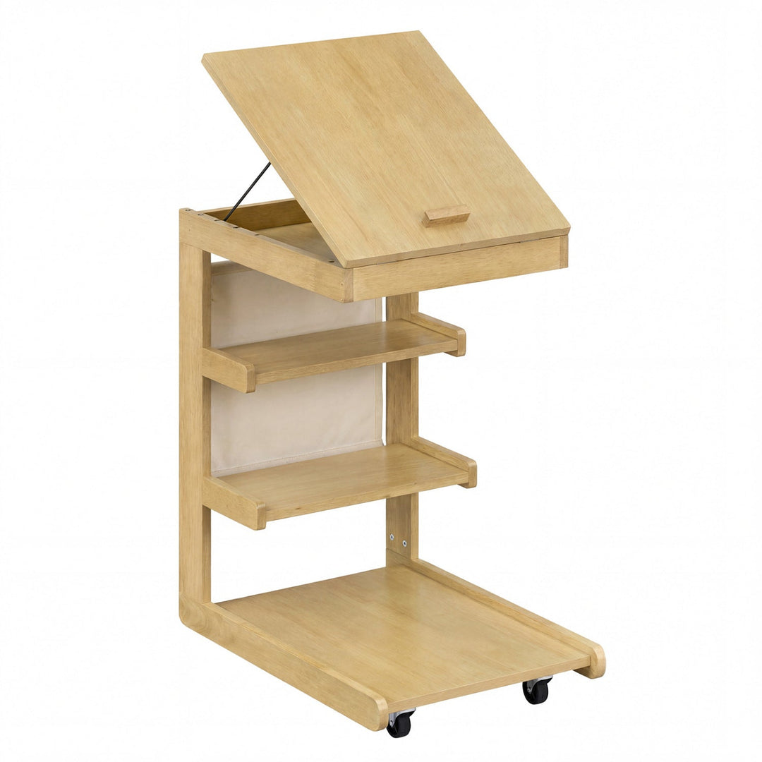 C-shaped End Table with Wheels and Adjustable Desktop for Sofa Couch Bedside