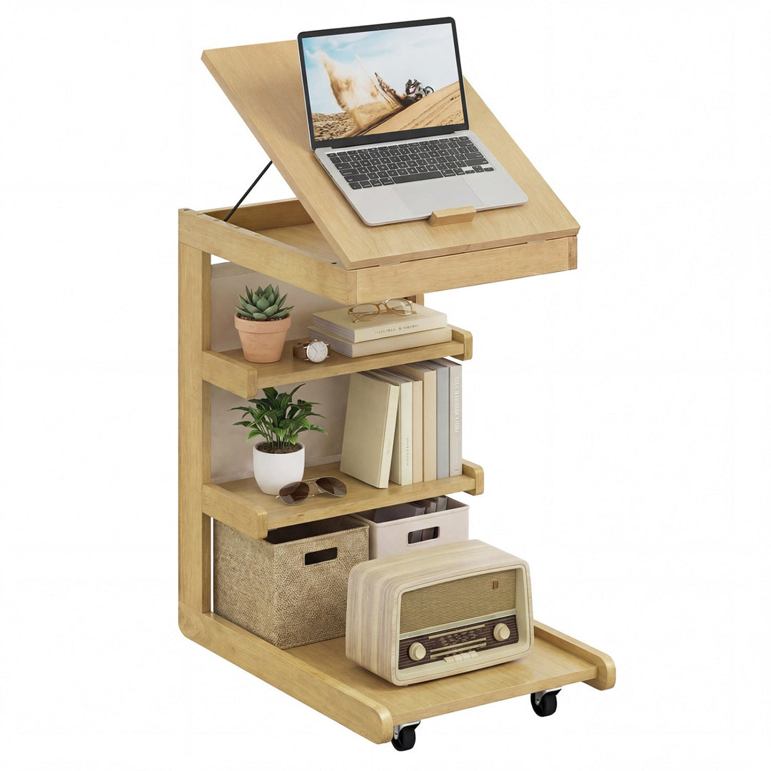 C-shaped End Table with Wheels and Adjustable Desktop for Sofa Couch Bedside