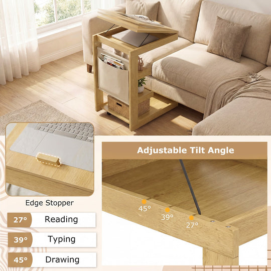 C-shaped End Table with Wheels and Adjustable Desktop for Sofa Couch Bedside