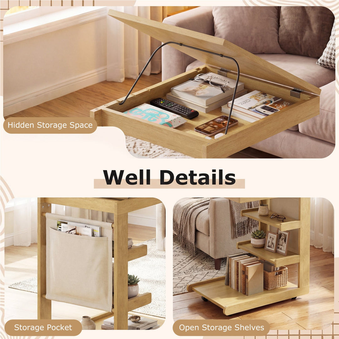 C-shaped End Table with Wheels and Adjustable Desktop for Sofa Couch Bedside
