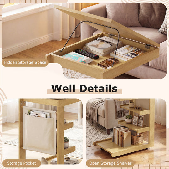 C-shaped End Table with Wheels and Adjustable Desktop for Sofa Couch Bedside