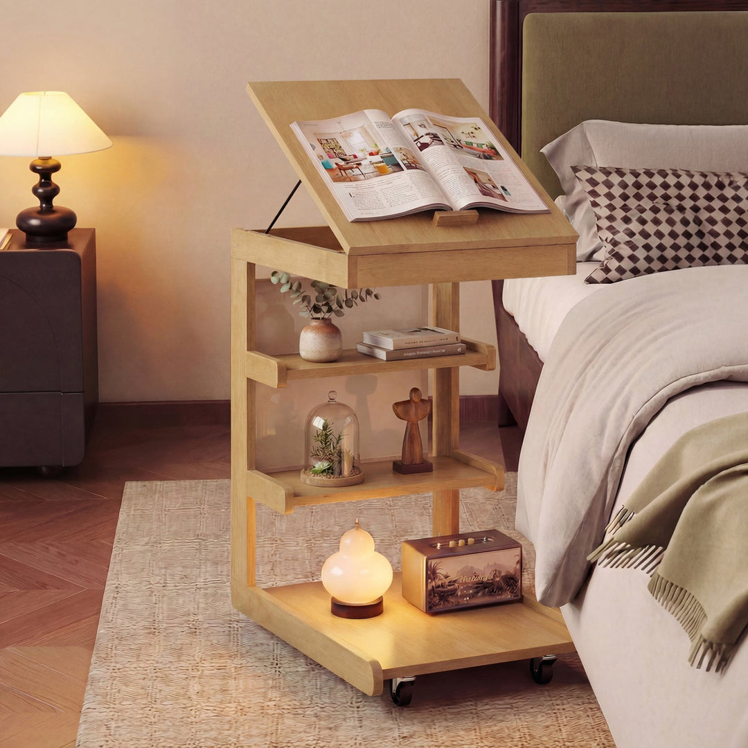 C-shaped End Table with Wheels and Adjustable Desktop for Sofa Couch Bedside