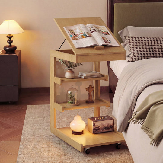 C-shaped End Table with Wheels and Adjustable Desktop for Sofa Couch Bedside