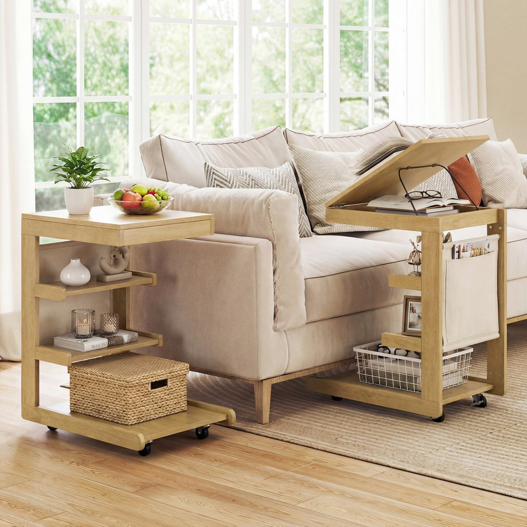 C-shaped End Table with Wheels and Adjustable Desktop for Sofa Couch Bedside