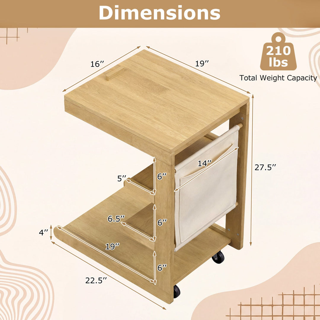 C-shaped End Table with Wheels and Adjustable Desktop for Sofa Couch Bedside