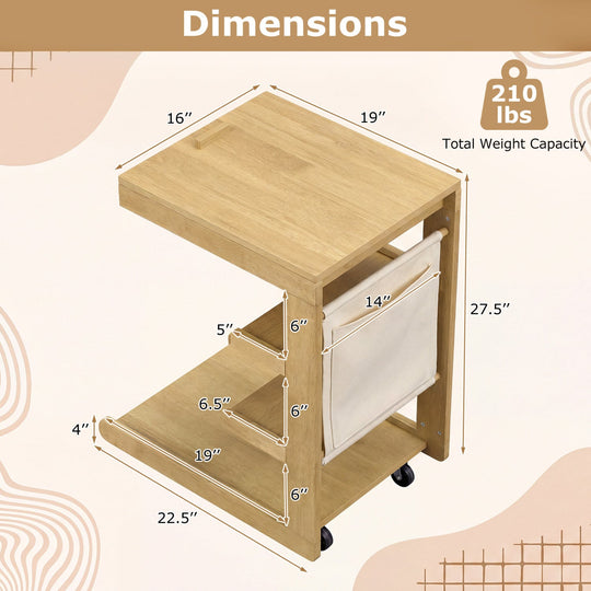 C-shaped End Table with Wheels and Adjustable Desktop for Sofa Couch Bedside