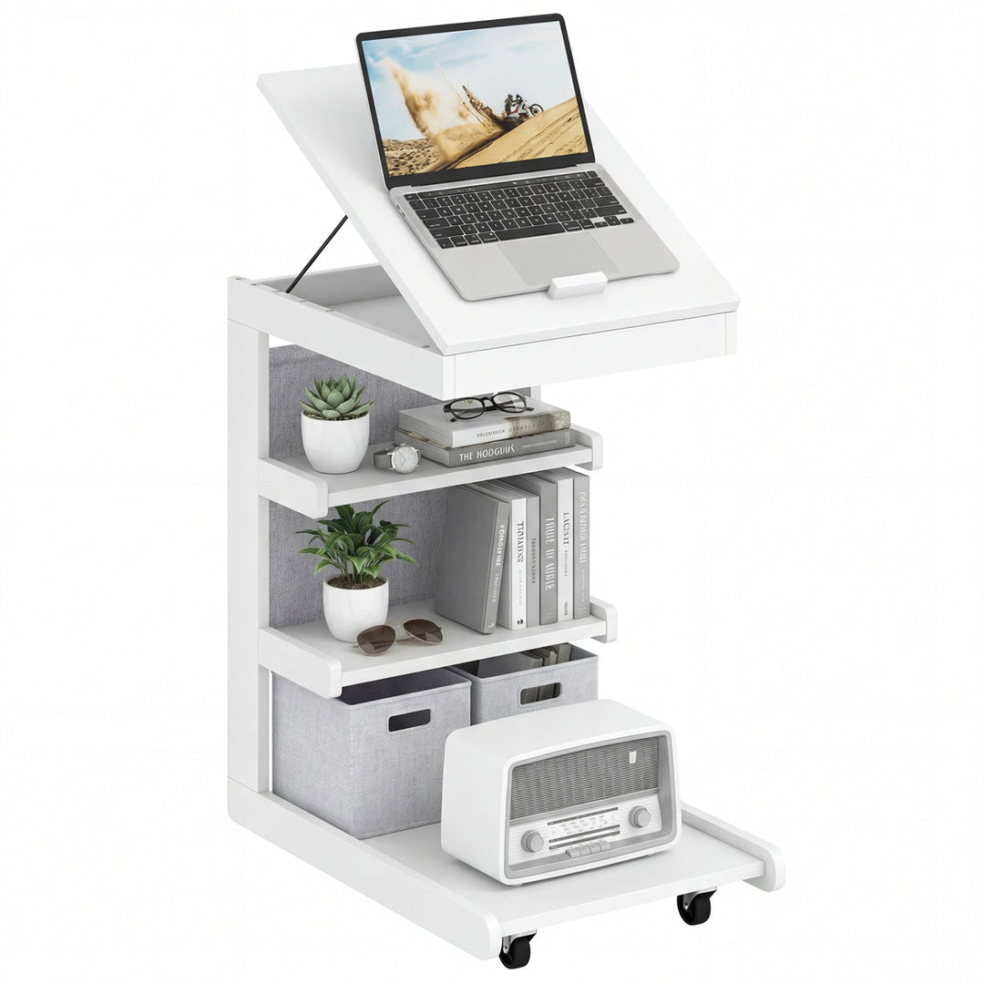 C-shaped End Table with Wheels and Adjustable Desktop for Sofa Couch Bedside